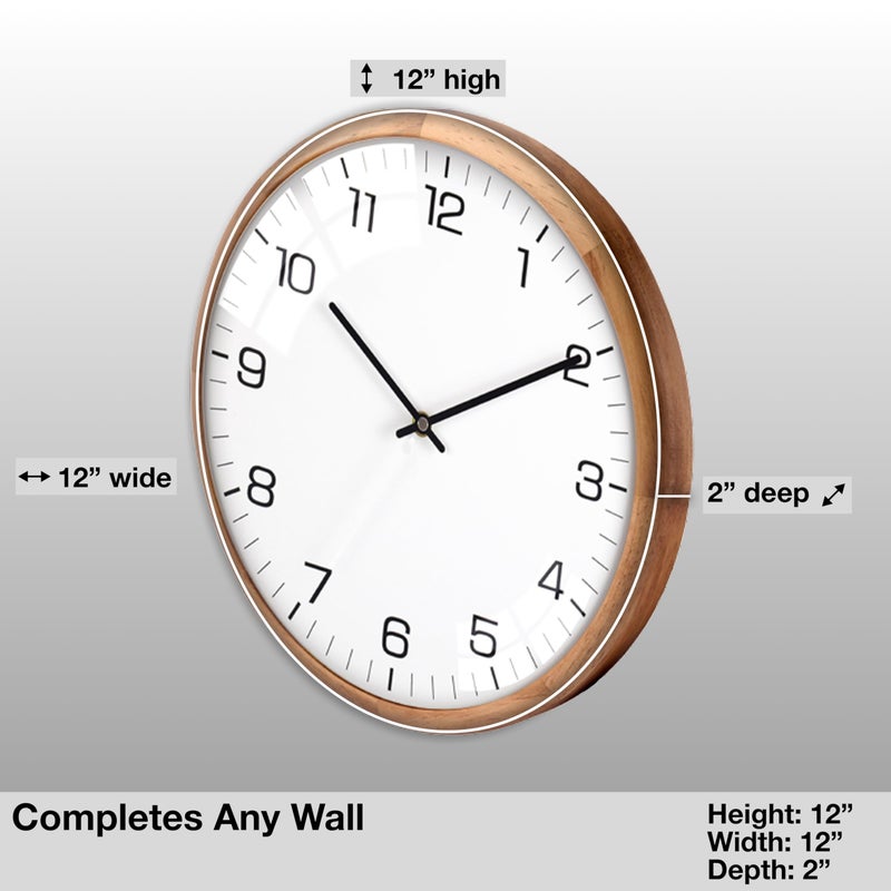 Driini Analog Dome Glass Wall Clock (12") - Wood Frame with White, Modern Face - Battery Operated with Non Ticking Hands - Large Decorative Clocks for Classroom, Office, Living Room, or Bedrooms. - Image 4